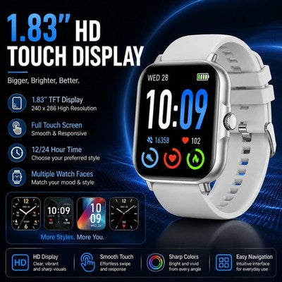 Gravity GWX2BK Bluetooth Calling Smart Watch 1.83" HD Heart Rate Sleep Monitor