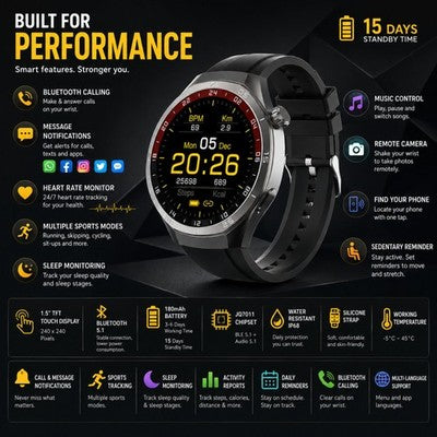 Gravity GWX3BK Smartwatch Bluetooth Calling 1.5" HD Heart Rate Fitness Tracker