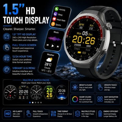 Gravity GWX3BK Smartwatch Bluetooth Calling 1.5" HD Heart Rate Fitness Tracker