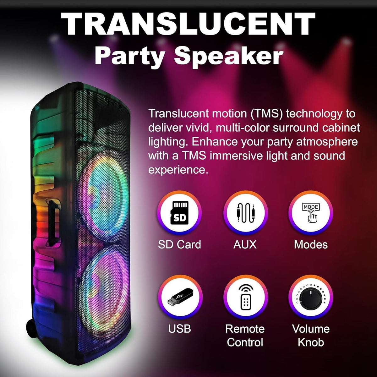 Emb 5000W 15" Party Dj Karoke Translucent Power Speaker, Bluetooth, Usb/Sd, Mic