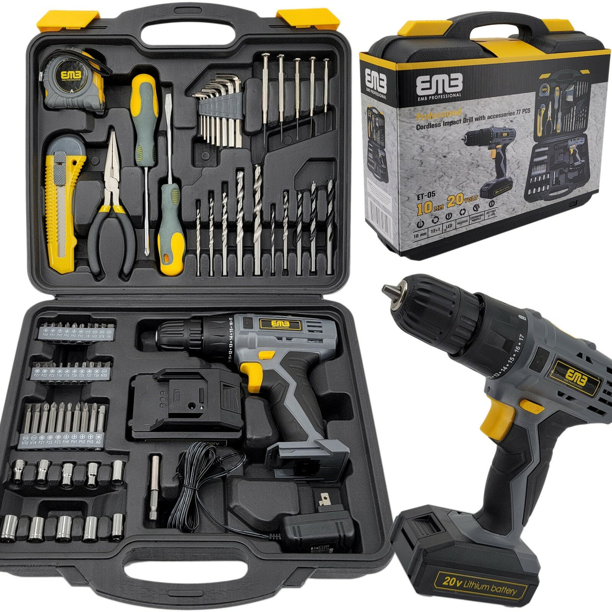 Litheli 20V Cordless Drill Driver Kit A 1300mA Battery 77 Pieces Power Drill Set