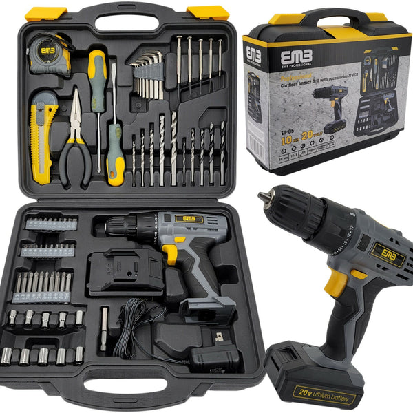 Litheli 20V Cordless Drill Driver Kit A 1300mA Battery 77 Pieces Power Drill Set