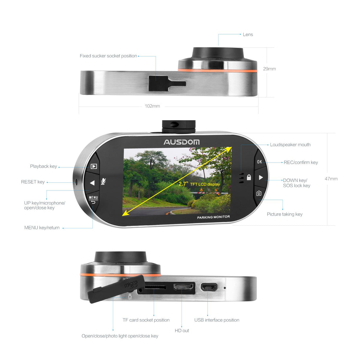 Ausdom AD260 2.7" LCD 1296P Dash Cam
