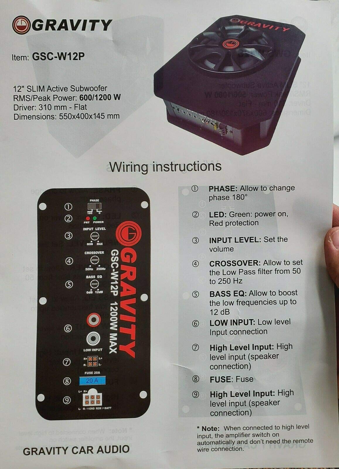 Gravity GSC-W12P 12-Inch Powered Slim Subwoofer