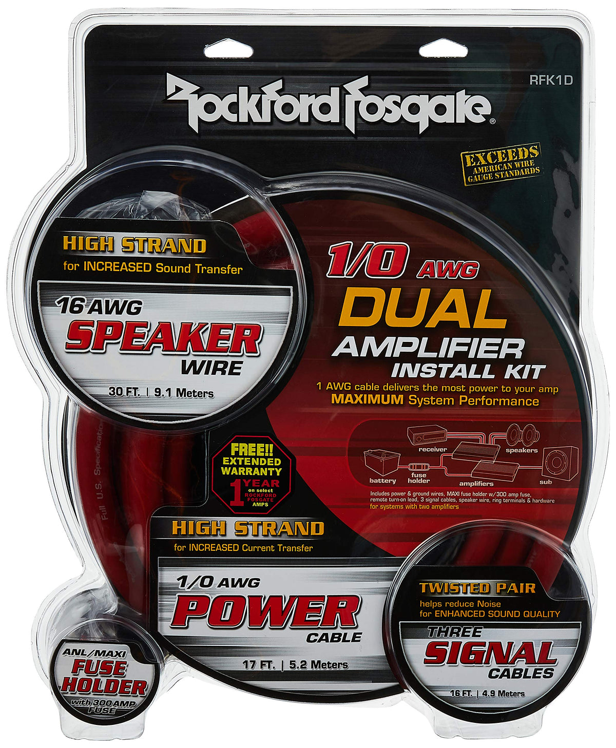 Rockford Fosgate RFK1D Dual Amp 1/0 AWG Wiring Kit
