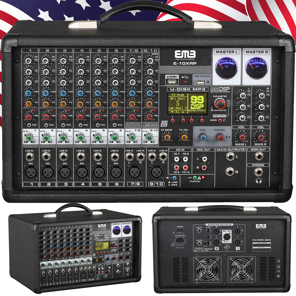 Emb PX2 1000W 10 Channel Power Mixer Console W/Dsp Effects, Bluetooth, Record